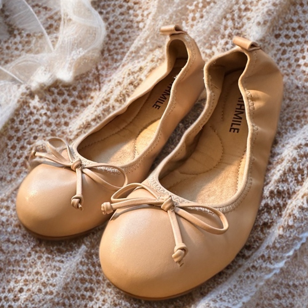 NEW‎ Women's Foldable Ballet Flats Bowknot Round Toe - Tan Size 8.5